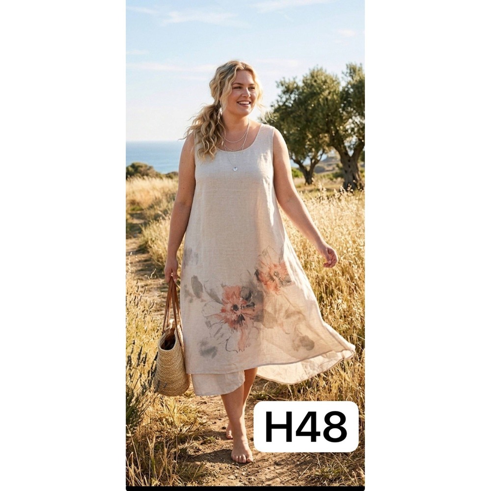 Pure Jill J.Jill Linen Floral Dress XL Petite Sleeveless Lagenlook Neutral Shift